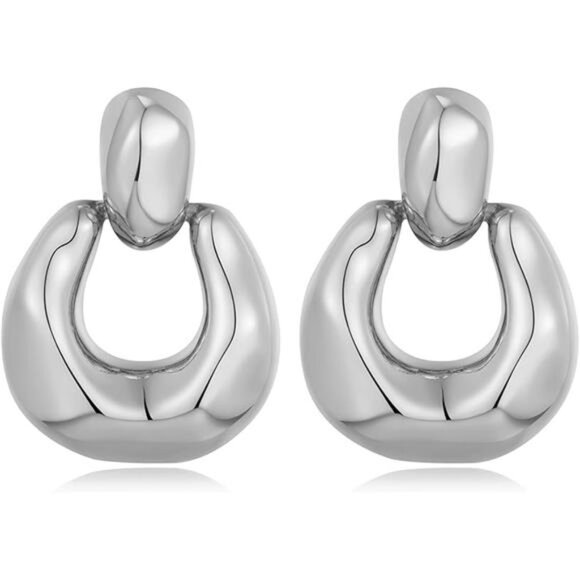 Unique Silver Drop Earrings | Modern Door Knocker Statement Studs - Picture 5 of 5